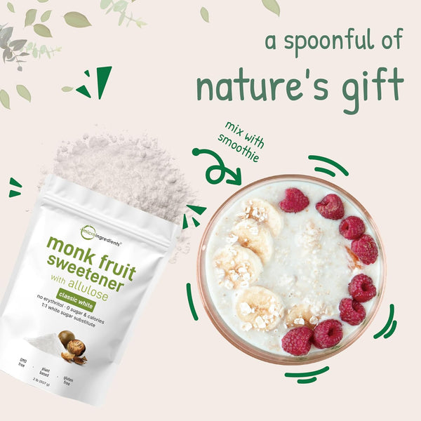 Monk Fruit Sweetener with Allulose, 2 lbs | No Erythritol | No Aftertaste, 1:1 White Sugar Substitute, Keto & Vegan Friendly, Zero Calorie | Great
