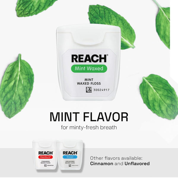 REACH Waxed Dental Floss, Mint, Plaque Remover for Teeth, Shred Resistant, Floss Slides Smoothly, Easy to Use, Waxed, Deep Cleaning Teeth, Oral