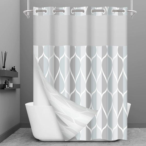 No Hook Grey Shower Curtain with Snap in Fabric Liner Set - Hotel Style with See through Mesh Top Window, Modern Geometric Waterdrop