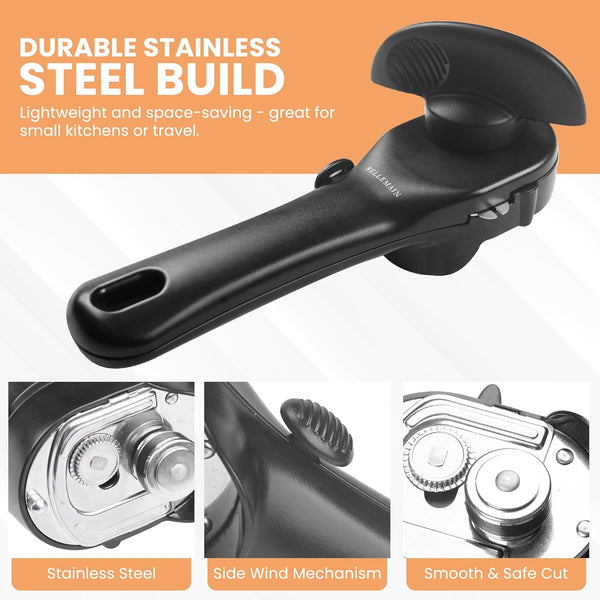 Bellemain- Safe Cut Stainless Steel Ergonomic Can Opener, Manual, Smooth Edge Perfect for Home Chefs and Restauraunts