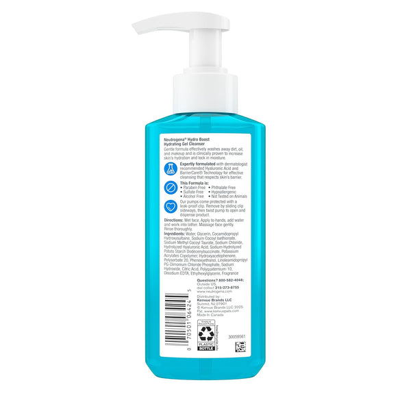 Neutrogena Hydro Boost Facial Cleansing Gel, Hydrating Gentle Face Cleanser and Makeup Remover with Hyaluronic Acid, Hypoallergenic Formula, 7.8 FL OZ