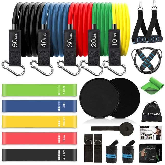 23 Pack Resistance Bands Set Workout Bands, 5 Stackable Exercise Bands 5 Loop Resistance Bands 2 Core Sliders, Door Anch