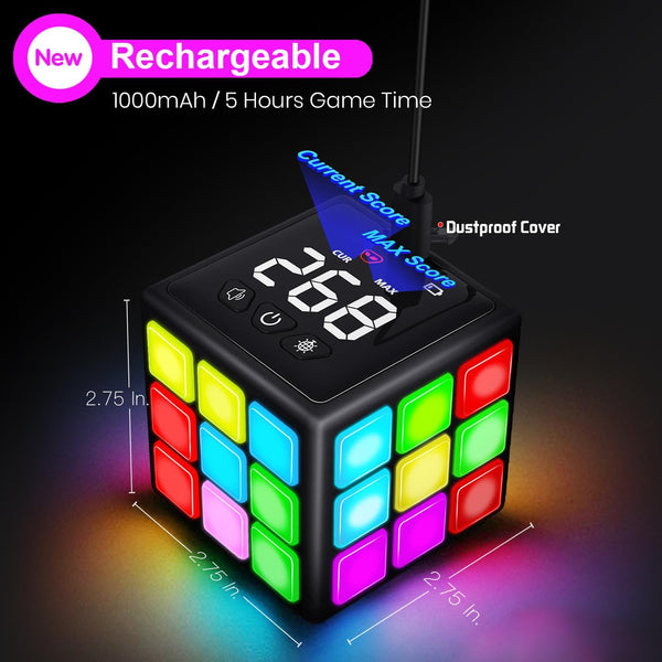 Rechargeable Game Handheld Cube - 15 Fun Brain & Memory Game with Score Screen - Christmas Easter Birthday Gifts for Boys Girls Ages 6-12+ Years