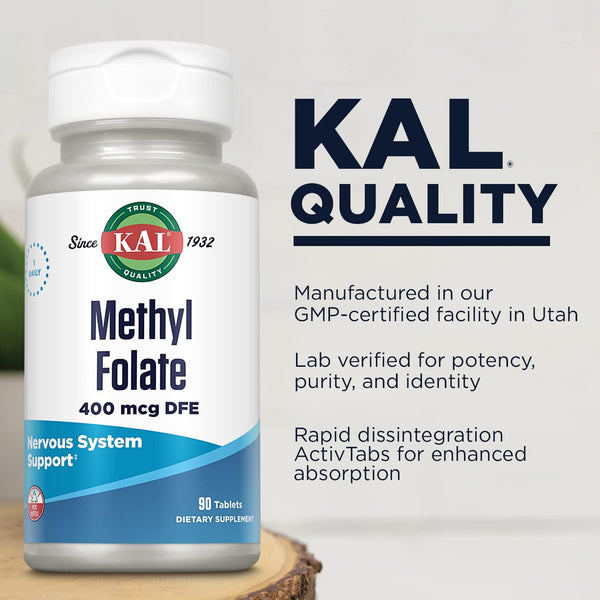 KAL Methyl Folate 400 Mcg DFE, 5-MTHF Active Form Vitamin B9, Folic Acid Supplement, Heart Health, Prenatal, Mood and Brain Support, Fast