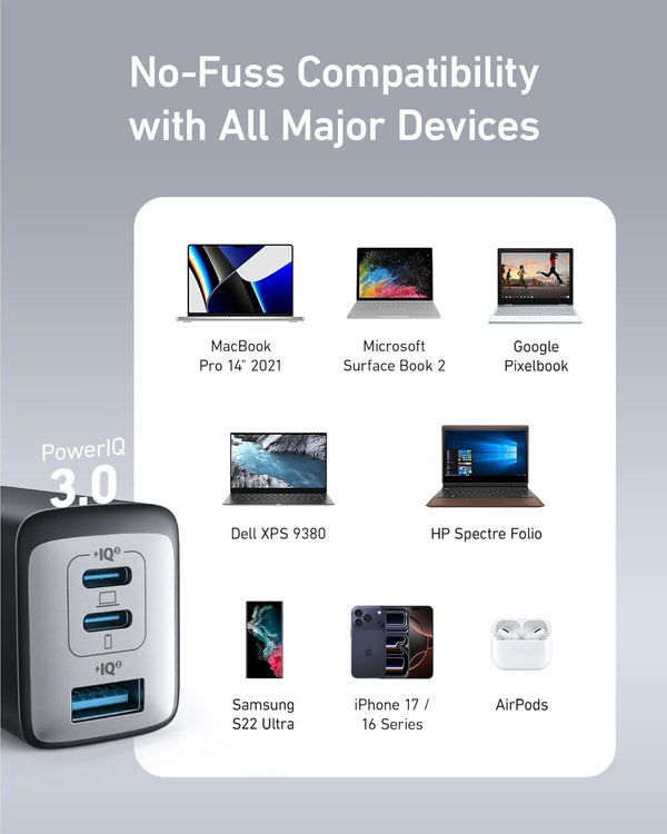 Anker USB C Charger (Nano 65W), PPS 3-Port Fast Compact Foldable USB C Charger Block for Macbook, Ipad Pro, Galaxy S24, Iphone 16 / 15 and More Series