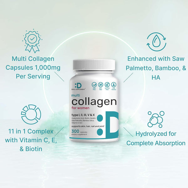 Multi Collagen Pills with Vitamin C, E & Biotin, 300 Capsules â Hydrolyzed Collagen Peptides â 11 in 1 Formula with Saw Palmetto, Bamboo Silica, &