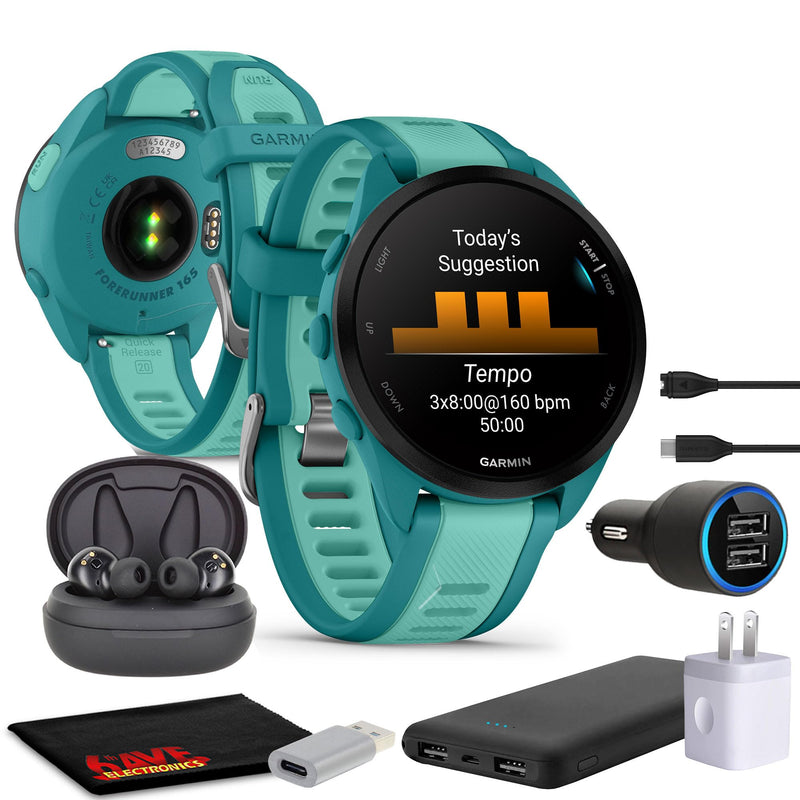 Garmin Forerunner 165 Music GPS Running Smartwatch, Fitness Tracker Smart Watch for Women and Men Bundle with Accessories - Turquoise/Aqua