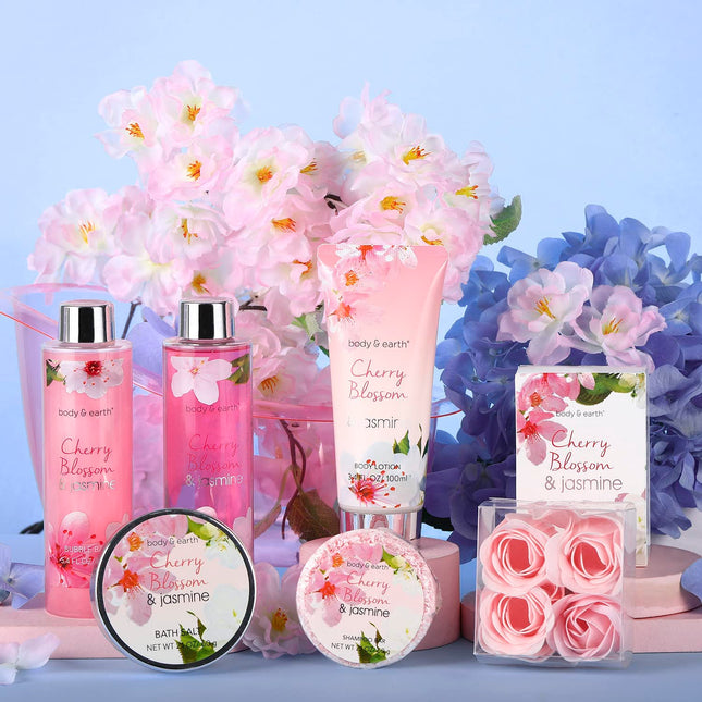 Body & Earth Gift Baskets for Women Bath and Body Set for Her, Cherry Blossom & Jasmine Spa Gifts for Women , Birthday, 