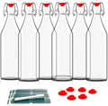 Otis Classic Swing Top Glass Bottles - Set of 6, 16oz w/Marker & Labels - Clear Bottle with Caps for Juice, Water, Kombucha, Wine, Beer Brewing,