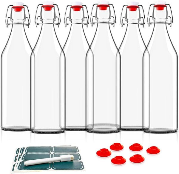 Otis Classic Swing Top Glass Bottles - Set of 6, 16oz w/Marker & Labels - Clear Bottle with Caps for Juice, Water, Kombucha, Wine, Beer Brewing,