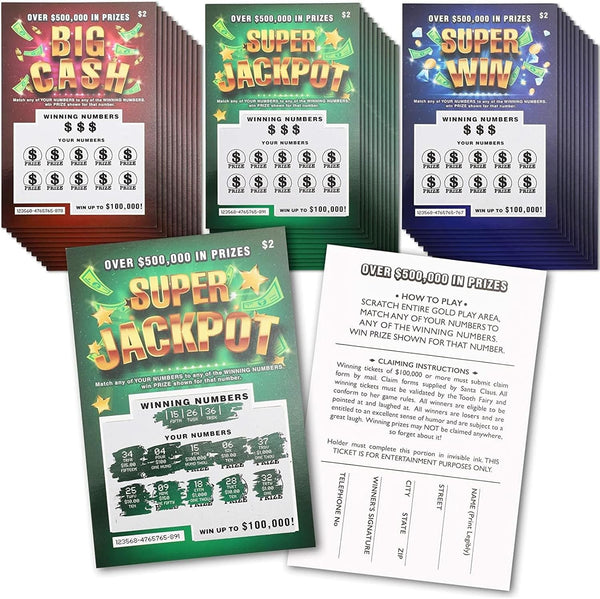 BLUE PANDA 30 Pack Fake Scratch off Lottery Tickets, Gag Prank Winning Lotto Ticket Cards (3 Designs)