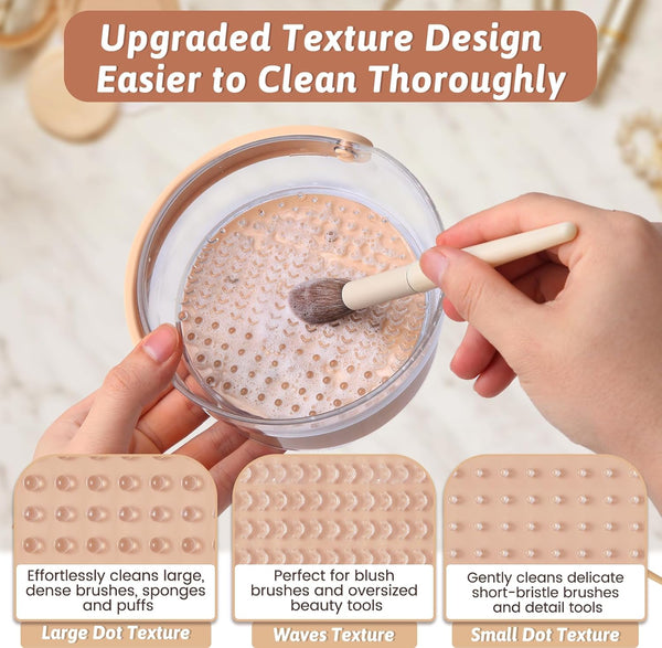 3 in 1 Makeup Brush Cleaner Mat, Silicone Makeup Brush Cleaner Bowl and Dryer, Waterproof Makeup Brush and Sponge Cleaner with Lid (Khaki)