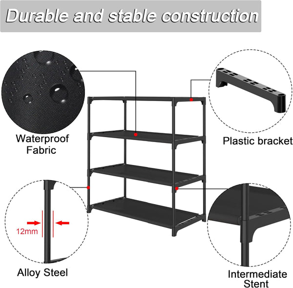 4-Tier Small Shoe Rack .Stackable Shoe Shelf Storage Organizer for Entryway Hallway Closet Bathroom Living Room (Black)
