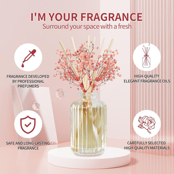 Reed Diffuser Set with Preserved Real Flower&Reed Diffuser Sticks,5.9Oz,Sandalwood Rose Scent Fragrance Essential Oil Scented Diffuser for Bedroom