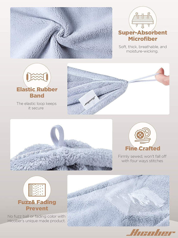 Hicober Microfiber Hair Towel, 3 Packs Hair Turbans for Wet Hair, Drying Hair Wrap Towels for Curly Hair Women anti Frizz (Grey,Blue,Grey)