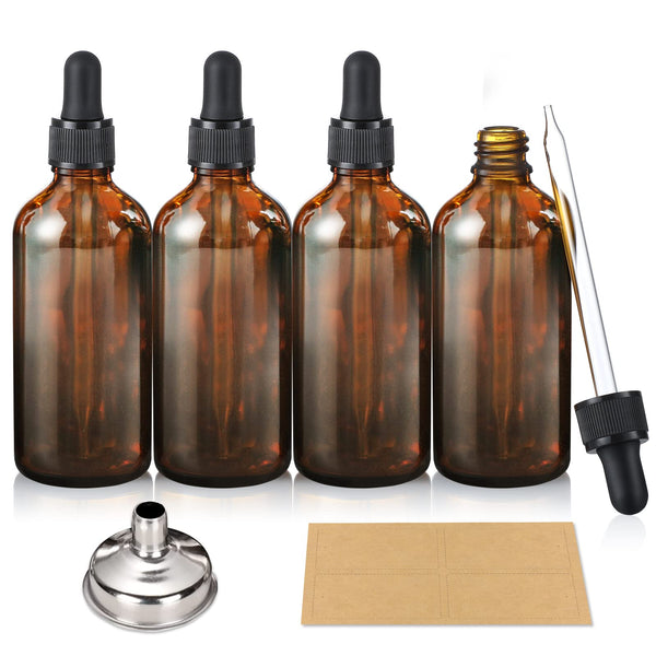 4 Pack, 100Ml Dropper Bottles with 2Pcs Glass Pipettes(1Ml) - Essential Oils Bottles for Health, Personal Care & Beauty - 3.4Oz Thick Dark Amber