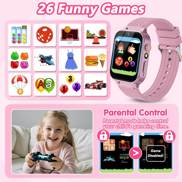 Smart Watch for Kids Girl Gift Ages 3-12, 2 Screen Protector, 26 Puzzle Games, HD Camera Video Music Player Touchscreen Pedometer, Educationtal