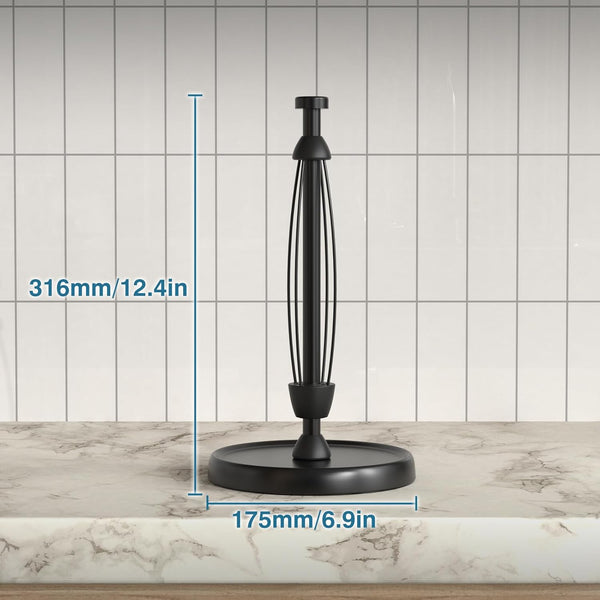 Paper Towel Holder Countertop, One-Handed Tear, Stainless Steel, Weighted Base, Black, Paper Towel Roll Holder Stand with Ratchet Mechanism for