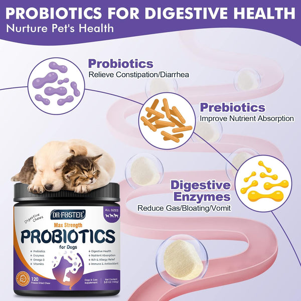 Probiotics for Dogs, Freeze-Dried Dog Probiotics and Digestive Enzymes, plus Omega-3 for Itchy Skin, 3-In-1 Prebiotics for Digestive Health, Dog