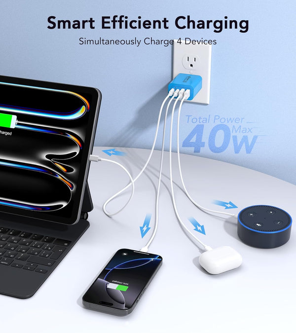 [40W/2Pack] Wall Charger, USB C Charger Block, Multi-Port PD + QC 3.0 Super Fast Charging Power Plug Adapter Brick for Watch Series 9 8 7, Iphone