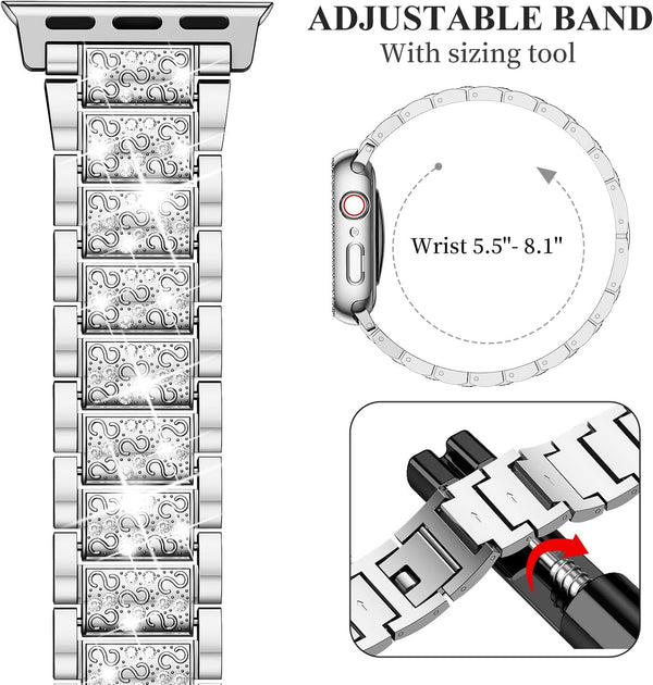 SUPOIX Compatible with Apple Watch Band S10 42Mm + Case, Women Jewelry Bling Diamond Metal Strap & 2P Cover Cases for Iwatch Series 10(Silver,42Mm)