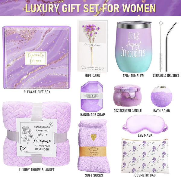 Happy Birthday Gifts for Women Self Care Gift, Relaxing Care Package Get Well Soon Spa Gift Basket with Luxury Blanket, Mothers Day, Brithday