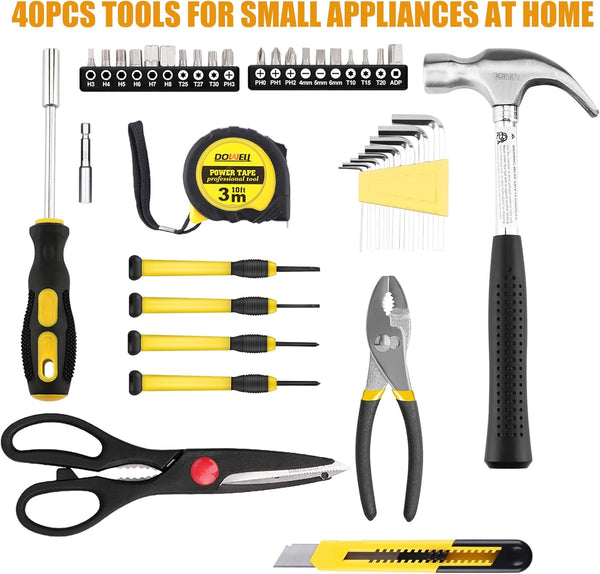 DOWELL 40 Piece Home Tool Set Yellow, General Household Hand Tool Kit with Plastic Toolbox Storage Case, Mini Repair Tool kit for Women, College