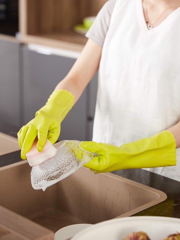 LANON 3 Pairs Wahoo Skin-Friendly Cleaning Gloves, Dishwashing Kitchen Gloves with Cotton Flocked Liner, Reusable, Non-Slip, Bud Tender, Medium