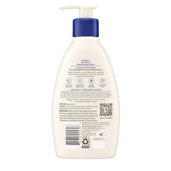 Aveeno Skin Relief Moisturizing Lotion for Very Dry, Itchy Skin with Soothing Triple Oat & Shea Butter Formula, Fragrance Free, 12 Fl. Oz