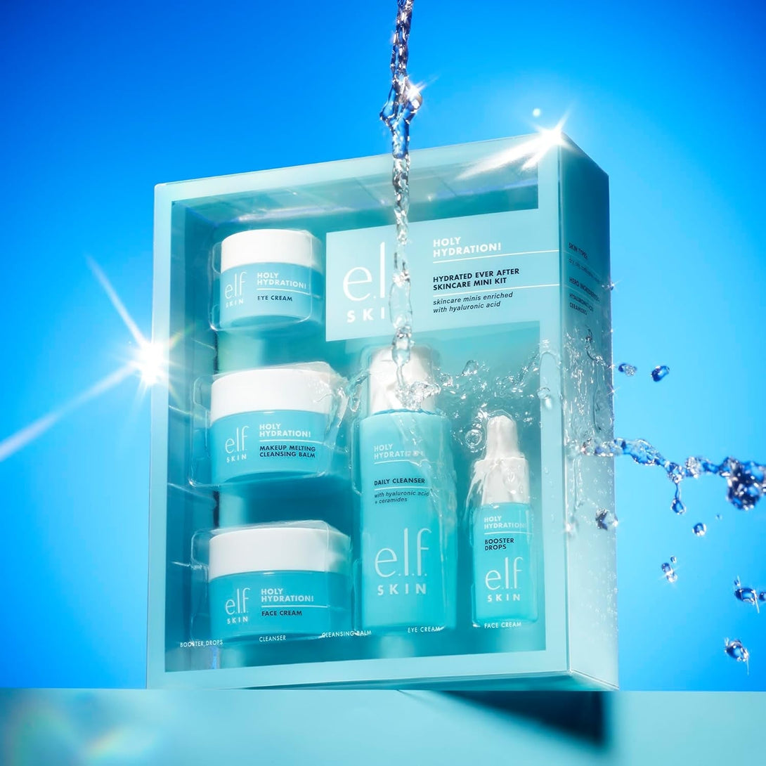 E.L.F. SKIN Holy Hydration! Hydrated Ever after Skincare Mini Kit, Cleanser, Makeup Remover, Moisturiser & Eye Cream for Hydrating Skin, Airplane-Friendly Sizes