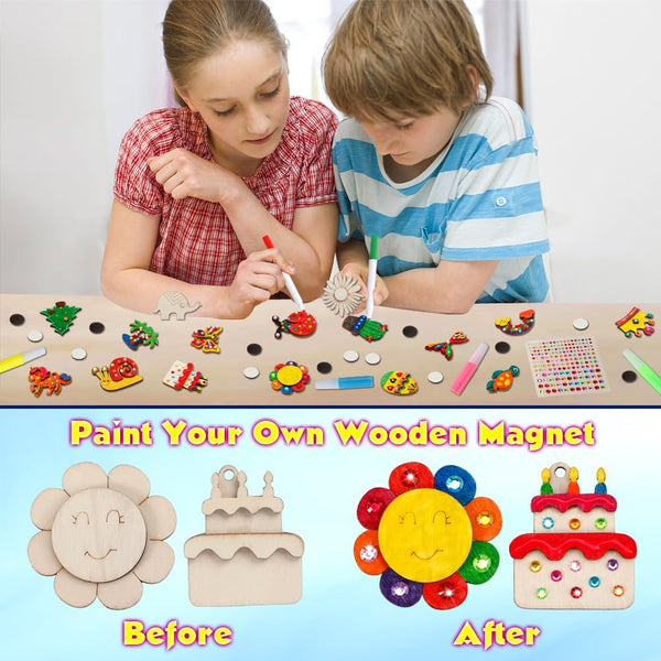 GWAHSA 30Pcs DIY Wooden Magnets, Glow in the Dark Wooden Art Craft Supplies Painting Kit for Kids Activities Party Favors for Boys Girls Ages 4-8