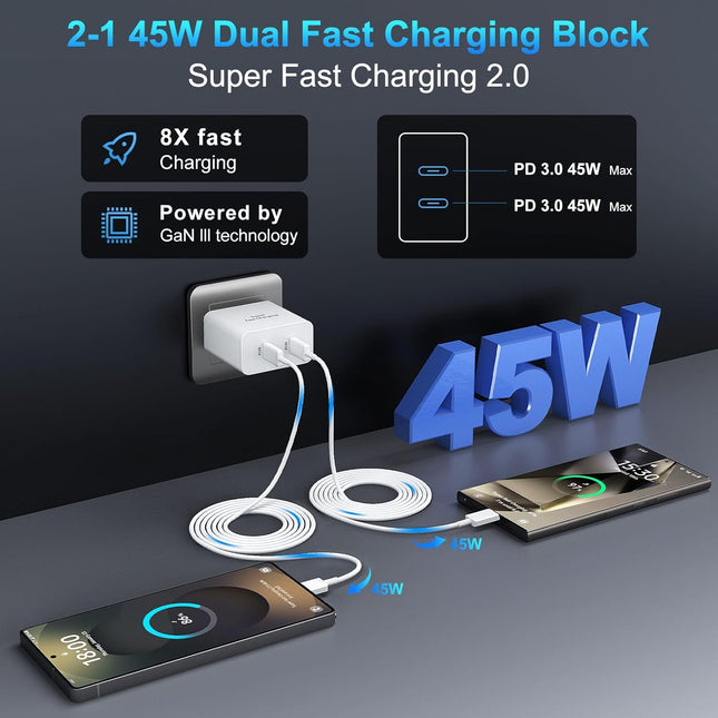45W Samsung Super Fast Charger USB C, Dual Android Phone Charger Type C Chargers Fast Charging Block with 10FT Long USB-