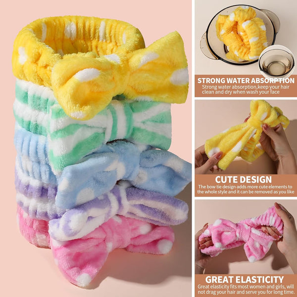 Teenitor 5pcs Makeup Headband with Removable Bow, Spa Headband for Washing Face for Teen Girls Women, Christmas Gifts Basket for Teens Girls