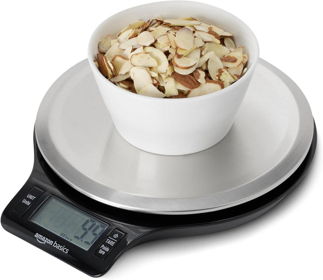 Amazon Basics Digital Kitchen Scale with LCD Display, Batteries Included, Weighs up to 11 Pounds, Black and Stainless St
