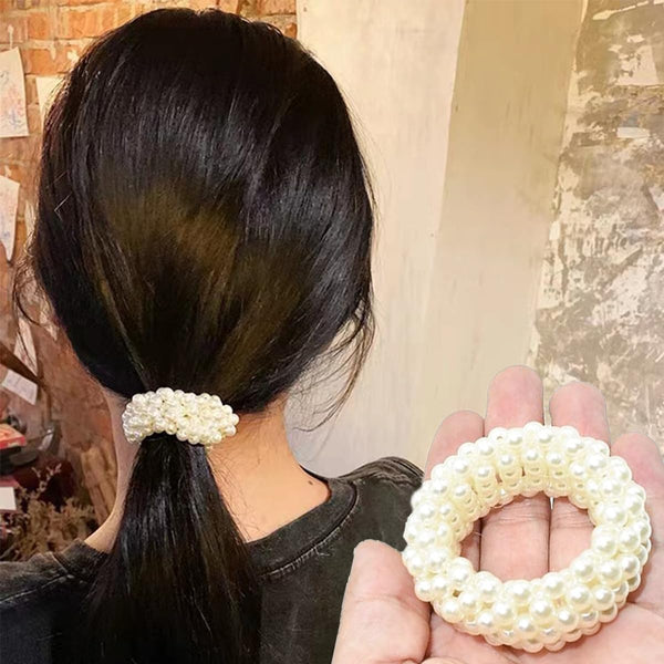 3 Pcs White Pearl Hair Bands for Women Girls, Pearl Bead Elastic Band Hair Elastic Hair Bands Ties for Women Ponytail Holder and Beauty and