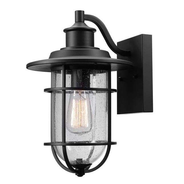 GLOBE Electric 44094 1-Light Outdoor/Indoor Wall Sconce, Black Finish, Seeded Glass Shade, Coastal Modern Design, Weathe