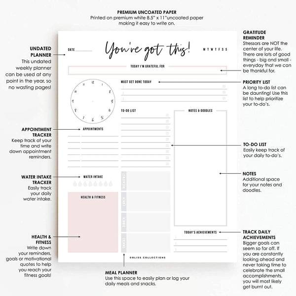 Bliss Collections Daily Planning Pad, to Do List Notebook - Undated Tear-Off Sheets Notepad - Work Calendar, Organizer, Scheduler for Goals, Tasks