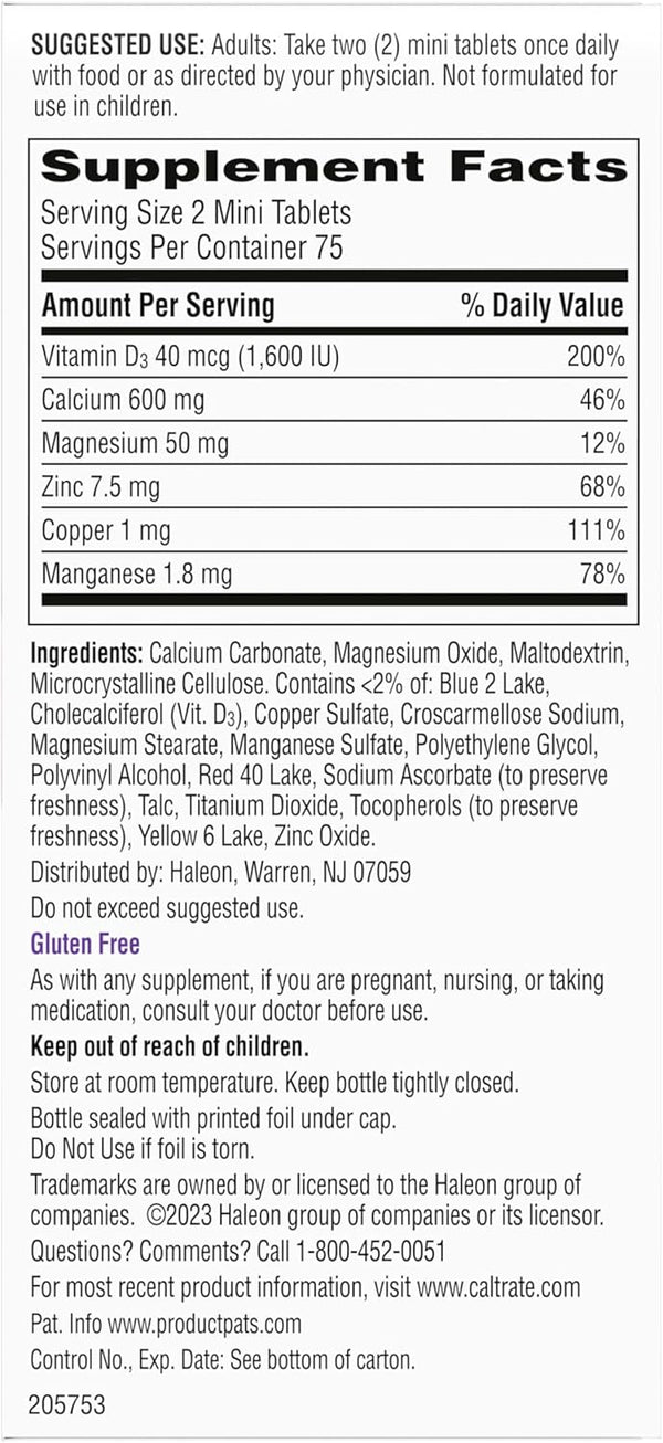 Caltrate Minis 600 plus D3 plus Minerals Calcium and Vitamin D Supplement Tablets, Bone Health and Mineral Supplement for Adults - 150 Count