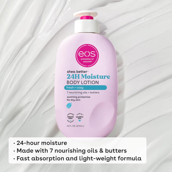 Eos Shea Better Body Lotion- Fresh & Cozy, 24-Hour Moisture Skin Care, Lightweight & Non-Greasy, Made with Natural Shea, Vegan, 16 Fl Oz (Pack of 1)