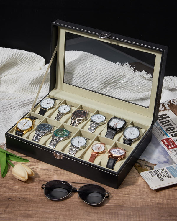Ohuhu Watch Case, 12 Slot PU Leather Real Glass Lid, Watch Box Watch Holder Organizer Display Storage Box Soft Velvet Jewelry Box for Men and