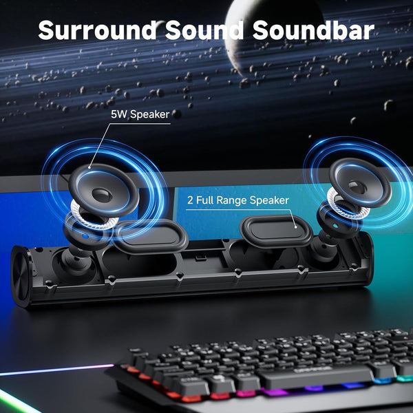 SOULION R100 Bluetooth Computer Speakers with Dynamic LED Light, USB Plug & Play PC Speakers with Switch Button, Clearly Sound Soundbar for