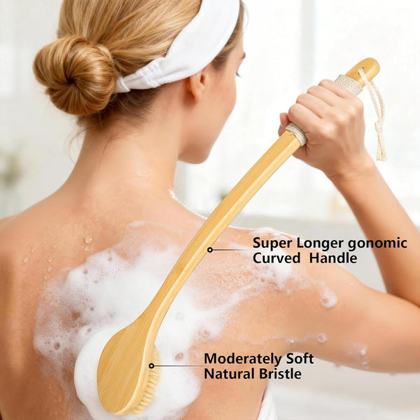 Body Brush Back Scrubber,18.7 Inch Long Handle Detachable Body Brush with Dual Brushing Heads for Dry Brushing Shower, Bamboo Medium Firm Bristle