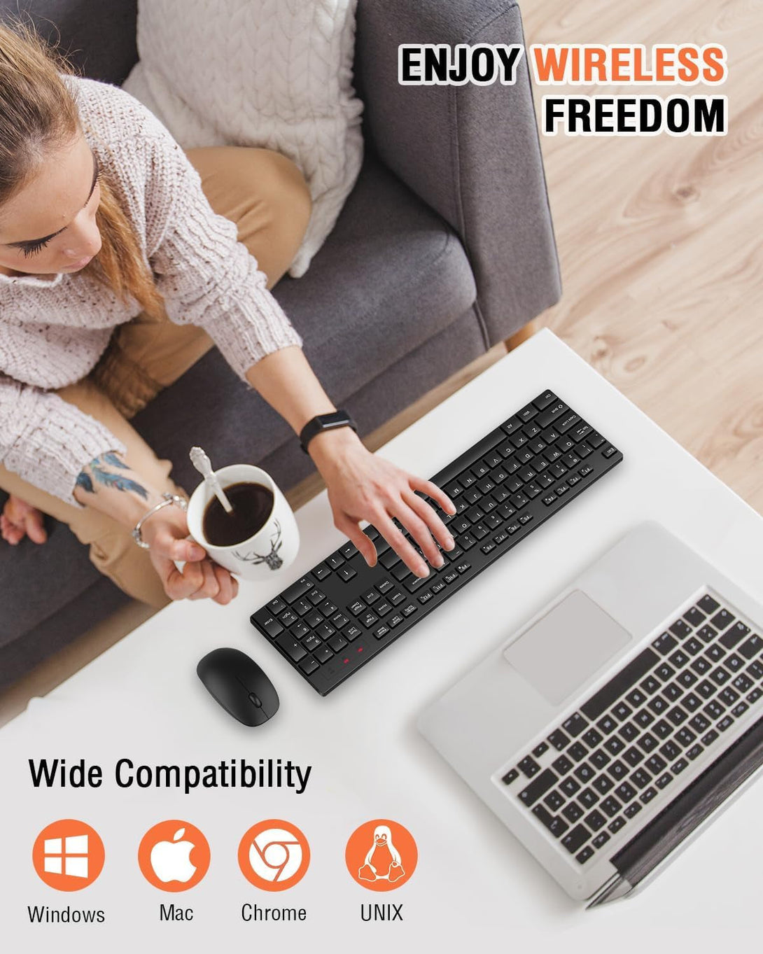 Wireless Keyboard and Mouse Combo, EDJO Silent Full Size Cordless USB Keyboard Mouse, 2.4Ghz Lag-Free, Long Battery Life, for Computer, Laptop, PC, Chromebook, Windows (Black, 1 Pack)