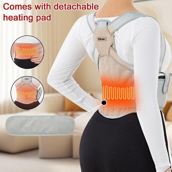 Back Brace Posture Corrector for Women and Men with Detachable Heating Pad - Adjustable Posture Corrector Belt, Relieve Pain in Upper and Lower