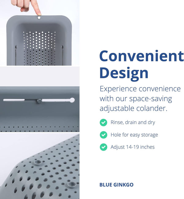 BLUE GINKGO over the Sink Colander Strainer Basket - Wash Vegetables and Fruits, Drain Cooked Pasta and Dry Dishes - Extendable - New Home Kitchen