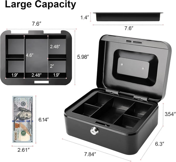 Jssmst Locking Medium Steel Cash Box with Money Tray,Lock Box,Black