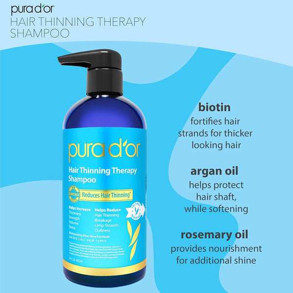 PURA D'OR 16 Oz Hair Thinning Therapy Biotin Shampoo - ORIGINAL Scent - CLINICALLY TESTED Effective Results, Herbal Blend Hair Thickening Products