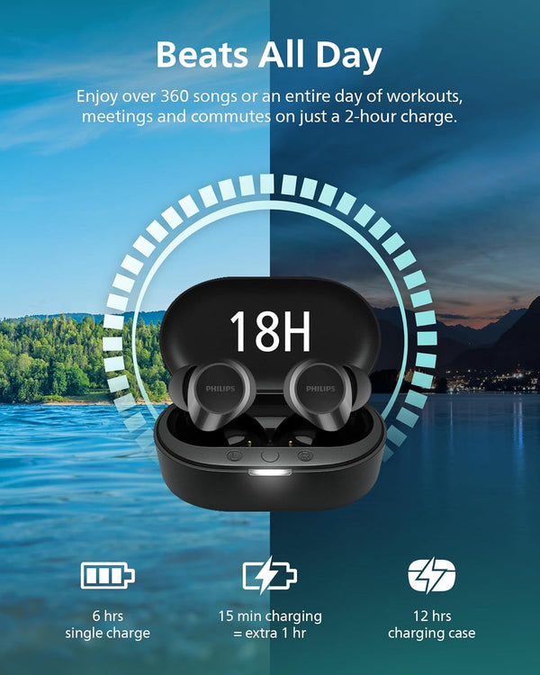 PHILIPS TAT1219 Wireless Earbuds,True Wireless Headphones,Powerful Bass with 10 Mm Driver,Clear Call Quality with AI Mic,18 H Battery