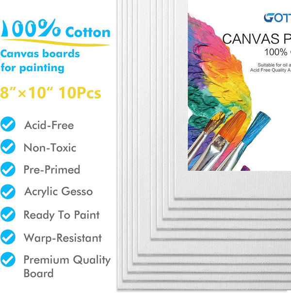 GOTIDEAL Canvas Boards, 8X10 Inch Set of 10,Gesso Primed White Blank Canvases for Painting - 100% Cotton Art Supplies Canvas Panel for Acrylic