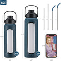 Kodrine Water Bottle with Straw, 24 Oz Glass Water Bottle with 2 Lids Bamboo Straw Lid and Spout Lid with Handle, 32 Oz Clear Water Bottle Glass